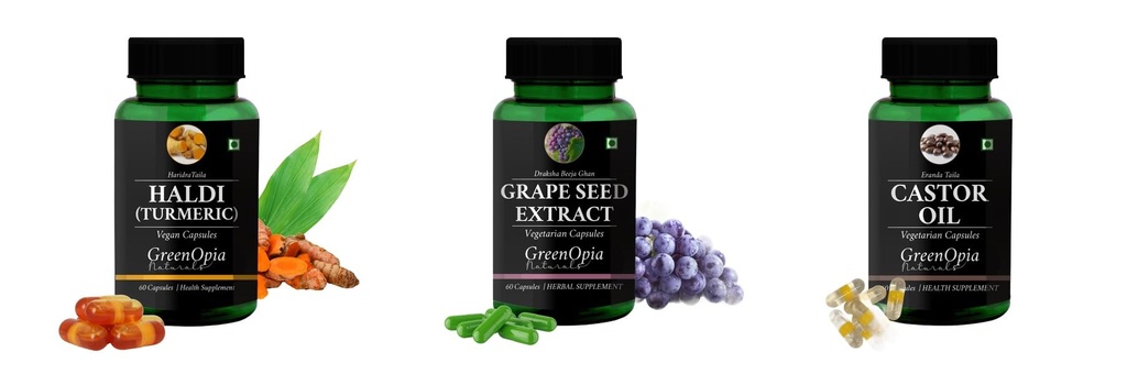 Haldi-oil-vegetarian-capsules, Grape-seed-extract-60-vegetarian-capsules, Castor-oil-vegetarian-capsules Combo | Convenient Nutrition & Wellness Routine | Multi-Product Pack