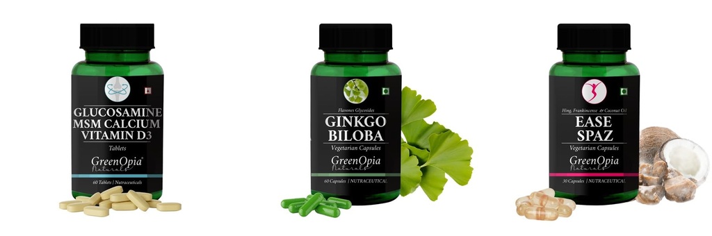 Glucosamine-msm-tablets, Ginkgo-biloba-vegetarian-capsules, Ease-spaz-vegetarian-capsules Combo | Convenient Nutrition & Wellness Routine | Multi-Product Pack