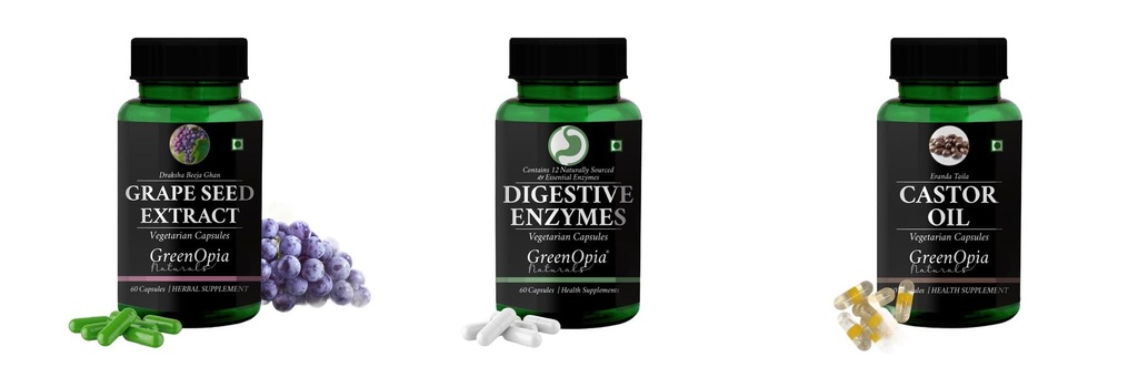 Grape-seed-extract-60-vegetarian-capsules, Digestive-enzymes-60-vegetarian-capsules, Castor-oil-vegetarian-capsules Combo | Convenient Nutrition & Wellness Routine | Multi-P