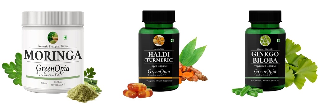 Moringa-oleifera-powder, Haldi-oil-vegetarian-capsules, Ginkgo-biloba-vegetarian-capsules Combo | Convenient Nutrition & Wellness Routine | Multi-Product Pack