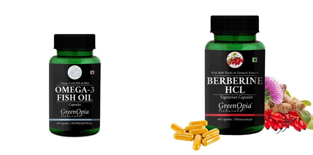 Fish-oil-capsules, Berberine-hcl-vegetarian-capsules Combo | Convenient Nutrition & Wellness Routine | Multi-Product Pack