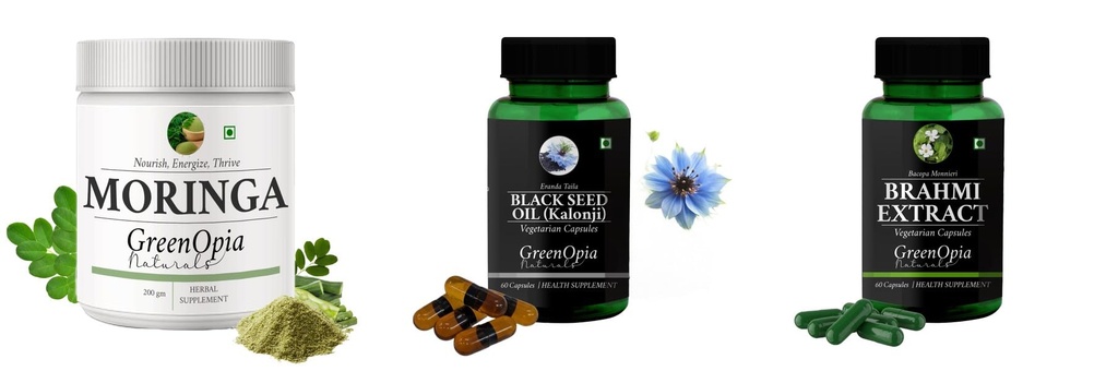 Moringa-oleifera-powder, Black-seed-oil-capsules, Brahmi-vegetarian-capsules Combo | Convenient Nutrition & Wellness Routine | Multi-Product Pack
