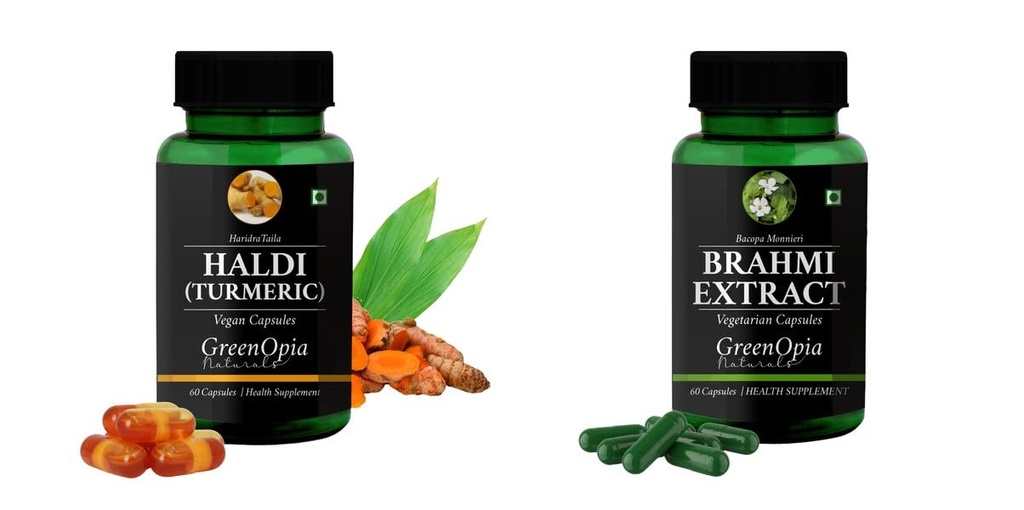 Haldi-oil-vegetarian-capsules, Brahmi-vegetarian-capsules Combo | Convenient Nutrition & Wellness Routine | Multi-Product Pack