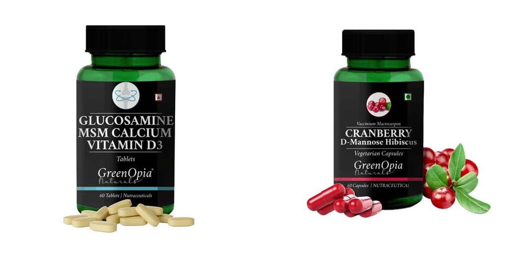 Glucosamine-msm-tablets, Cranberry-d-mannose-hibiscus-capsules Combo | Convenient Nutrition & Wellness Routine | Multi-Product Pack