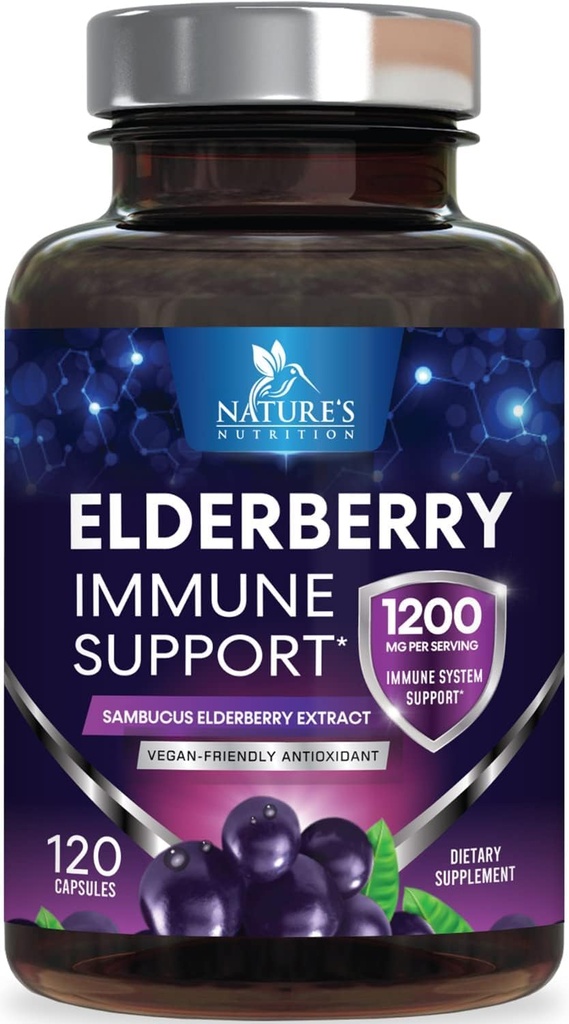 Elderberry Immune Support 1200mg - Daily Immmune Support for Adults with Concentrated Sambucus Black Elderberry Extract - Supplément de vitamine antioxydante, sans gluten, mis en bouteille aux États-Unis - 120 Capsules