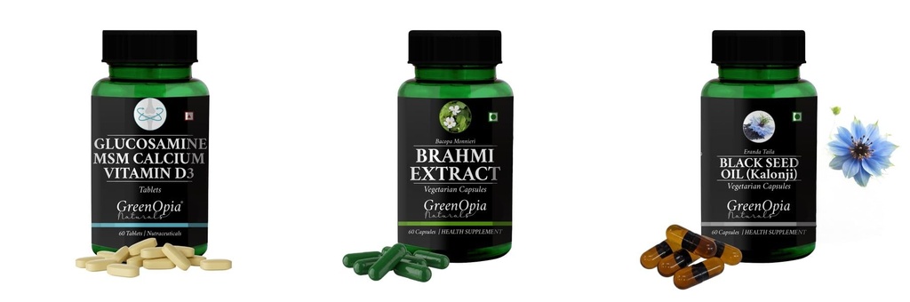 Glucosamine-msm-tablets, Brahmi-vegetarian-capsules, Black-seed-oil-capsules Combo | Convenient Nutrition & Wellness Routine | Multi-Product Pack