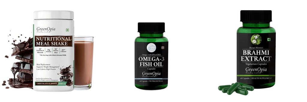 Nutritional-meal-shake-chocolate, Fish-oil-capsules, Brahmi-vegetarian-capsules Combo | Convenient Nutrition & Wellness Routine | Multi-Product Pack