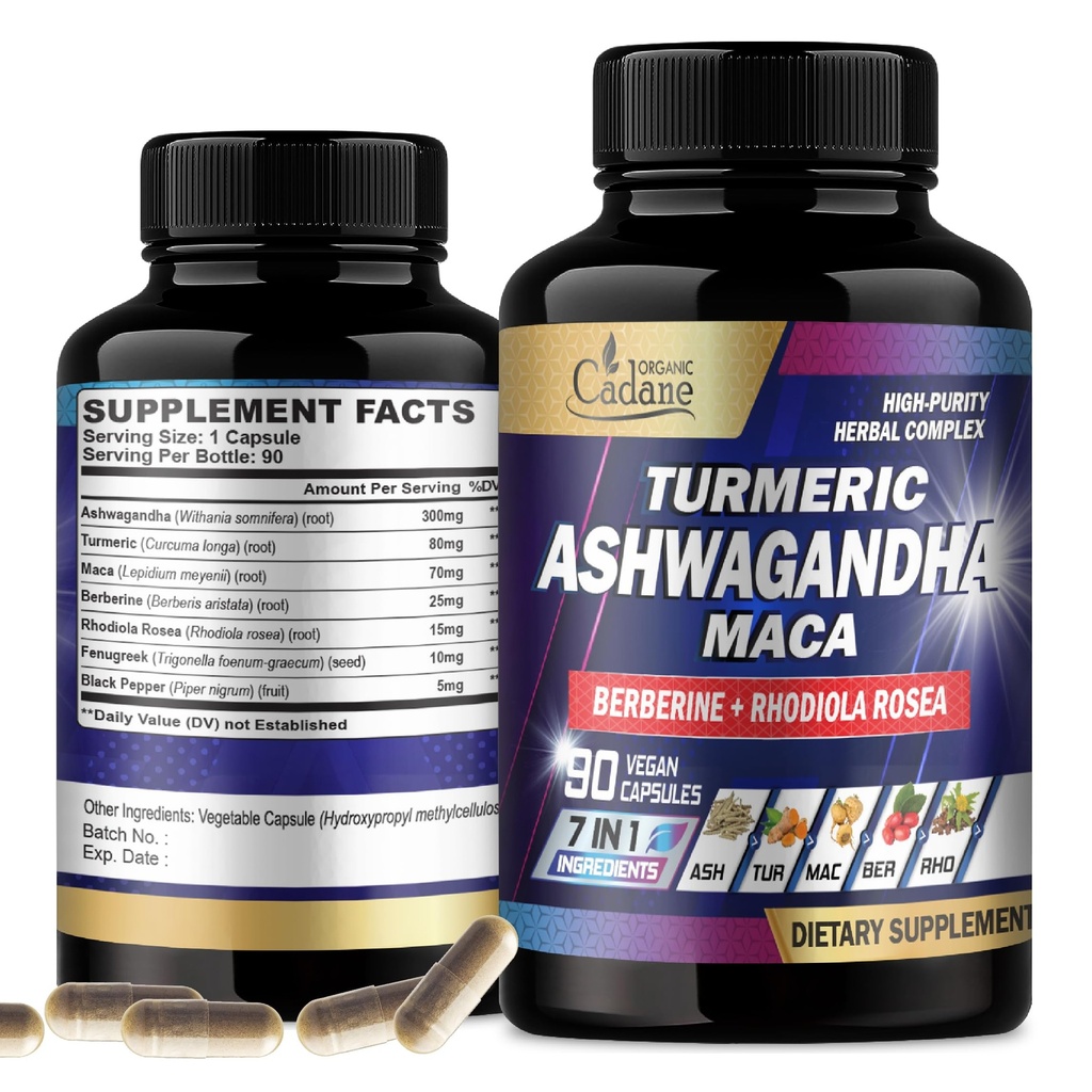 Suppléments bio Cadane Ashwagandha - Mémoire, système immunitaire et soutien de la force - 7in1 Concentré avec curcuma, racine de maca, berberine et plus - 90 Capsules Vegan pour 3 mois d'approvisionnement