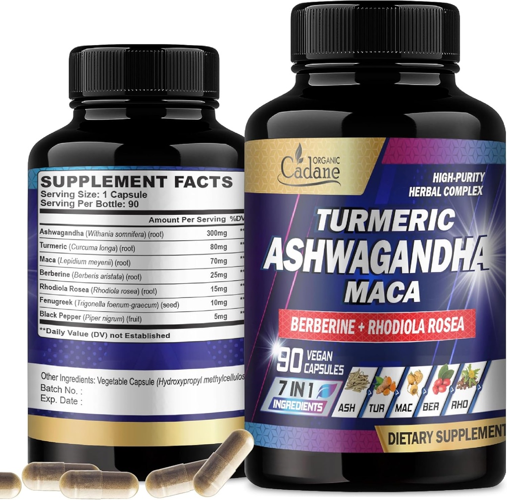 Suppléments bio Cadane Ashwagandha - Mémoire, système immunitaire et soutien de la force - 7in1 Concentré avec curcuma, racine de maca, berberine et plus - 90 Capsules Vegan pour 3 mois d'approvisionnement