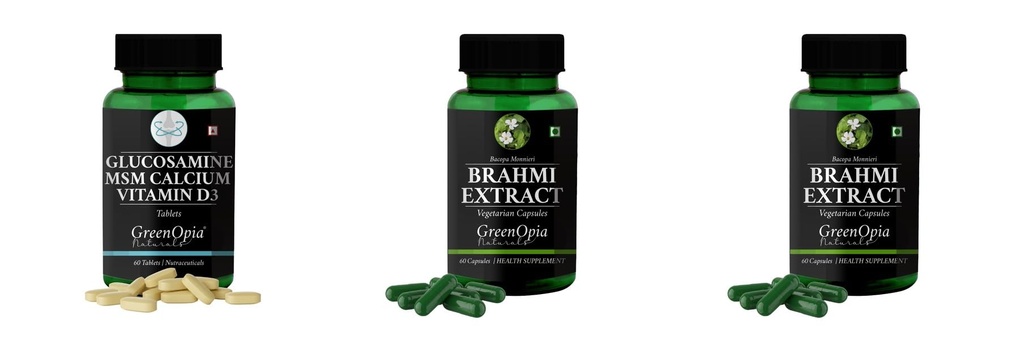 Glucosamine-msm-tablets, Brahmi-vegetarian-capsules, Brahmi-vegetarian-capsules Combo | Convenient Nutrition & Wellness Routine | Multi-Product Pack
