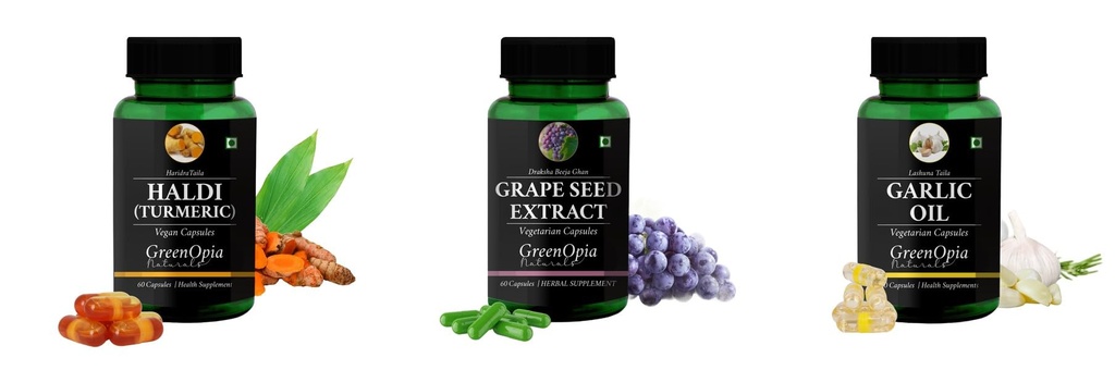 Haldi-oil-vegetarian-capsules, Grape-seed-extract-60-vegetarian-capsules, Garlic-oil-vegetarian-capsules Combo | Convenient Nutrition & Wellness Routine | Multi-Product Pack
