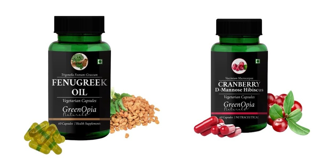 Fenugreek-oil-vegetarian-capsules, Cranberry-d-mannose-hibiscus-capsules Combo | Convenient Nutrition & Wellness Routine | Multi-Product Pack