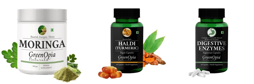 Moringa-oleifera-powder, Haldi-oil-vegetarian-capsules, Digestive-enzymes-60-vegetarian-capsules Combo | Convenient Nutrition & Wellness Routine | Multi-Product Pack