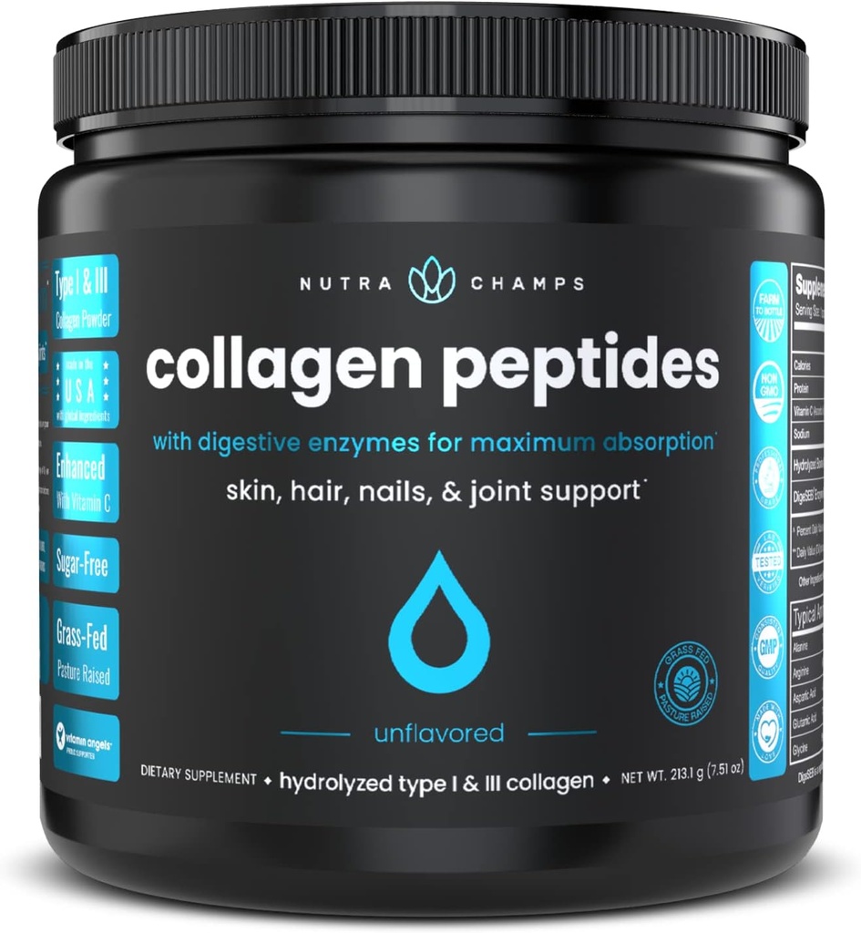 Poudre de peptides de collagène - Absorption améliorée, double hydrolysée, herbe, poudre de protéines kéto avec vitamine C - Supplément Premium pour la croissance des cheveux, la peau, les ongles, les articulations et les os, sans aromatisation