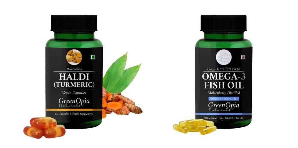 Haldi-oil-vegetarian-capsules, Fish-oil-double-strength Combo | Convenient Nutrition & Wellness Routine | Multi-Product Pack