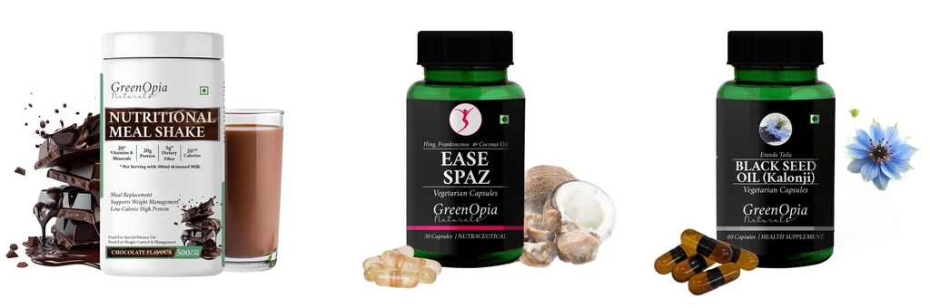 Nutritional-meal-shake-chocolate, Ease-spaz-vegetarian-capsules, Black-seed-oil-capsules Combo | Convenient Nutrition & Wellness Routine | Multi-Product Pack