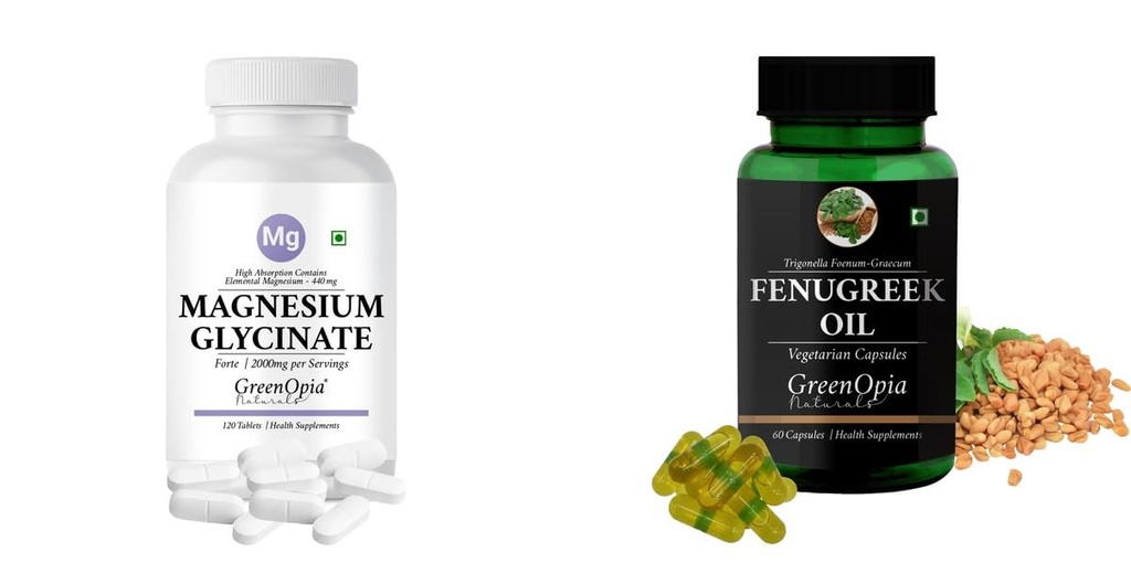 Magnesium-glycinate-forte-tablets, Fenugreek-oil-vegetarian-capsules Combo | Convenient Nutrition & Wellness Routine | Multi-Product Pack