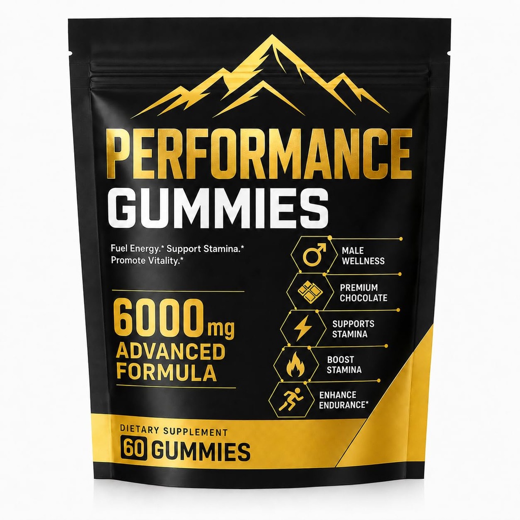Performance Gummies, 6000mg Advanced Formula with Shilajit, Maca, Ashwagandha, Panax Ginseng, Saffron & L-Arginine, Energy, Stamina & Vitality Support, Chocolate Flavor, 60 Count
