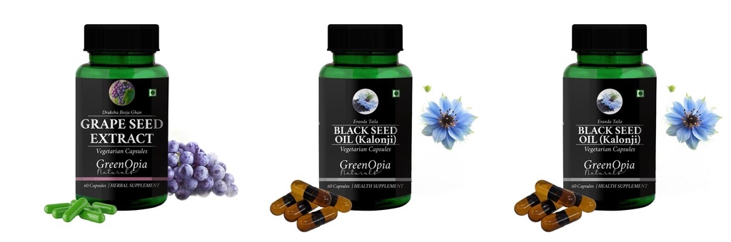 Grape-seed-extract-60-vegetarian-capsules, Black-seed-oil-capsules, Black-seed-oil-capsules Combo | Convenient Nutrition & Wellness Routine | Multi-Product Pack