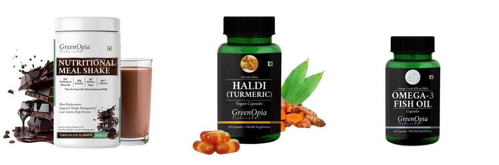 Nutritional-meal-shake-chocolate, Haldi-oil-vegetarian-capsules, Fish-oil-capsules Combo | Convenient Nutrition & Wellness Routine | Multi-Product Pack