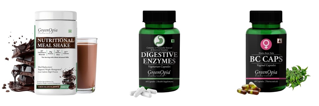 Nutritional-meal-shake-chocolate, Digestive-enzymes-60-vegetarian-capsules, Bc-caps-vaginal-capsules Combo | Convenient Nutrition & Wellness Routine | Multi-Product Pack