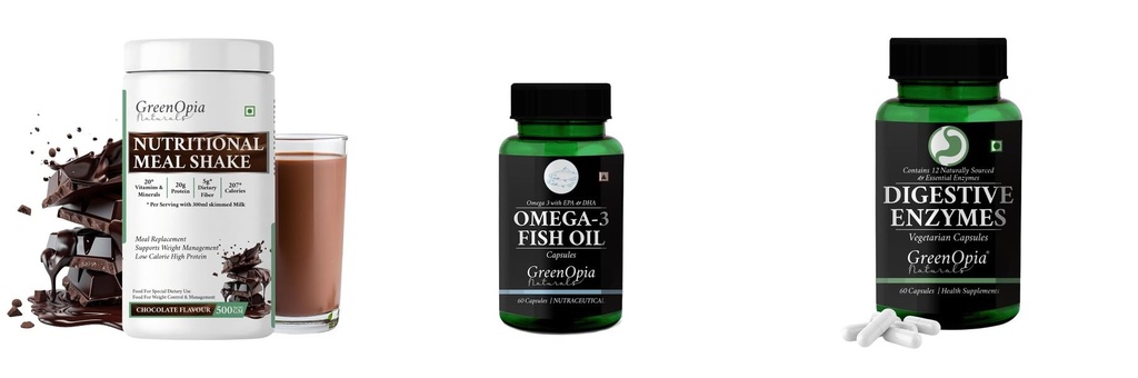 Nutritional-meal-shake-chocolate, Fish-oil-capsules, Digestive-enzymes-60-vegetarian-capsules Combo | Convenient Nutrition & Wellness Routine | Multi-Product Pack