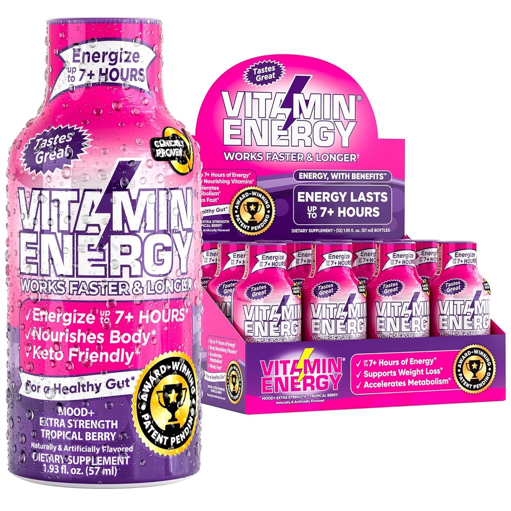 Vitamine Energy Mood+ Energy Shot – Berry Tropical – 100% DV B-Vitamines et 260 mg de caféine végétale – Zéro calories, sans sucre, végétalien, non-OGM – Mood & Energy Support – 1,93 fl oz, 12-Pack