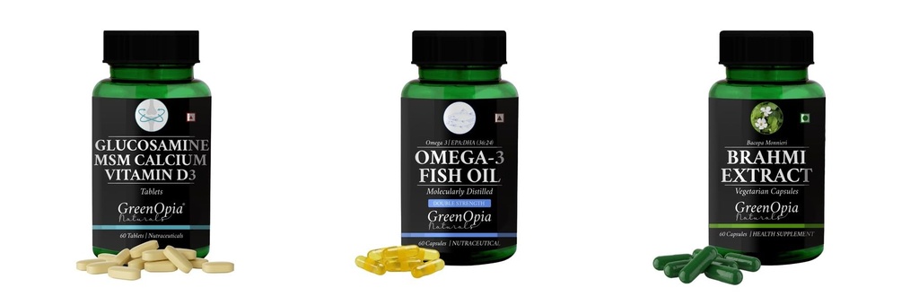 Glucosamine-msm-tablets, Fish-oil-double-strength, Brahmi-vegetarian-capsules Combo | Convenient Nutrition & Wellness Routine | Multi-Product Pack