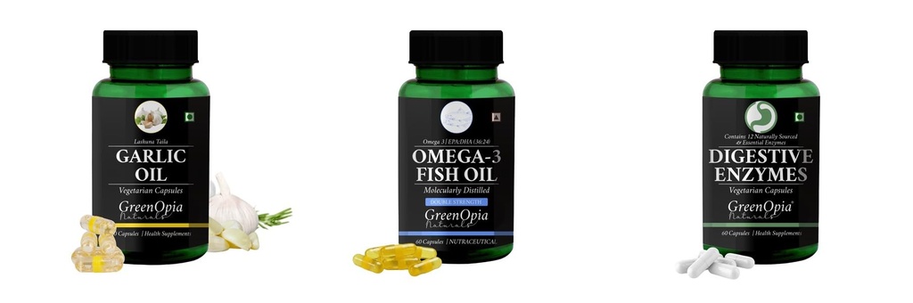 Garlic-oil-vegetarian-capsules, Fish-oil-double-strength, Digestive-enzymes-60-vegetarian-capsules Combo | Convenient Nutrition & Wellness Routine | Multi-Product Pack