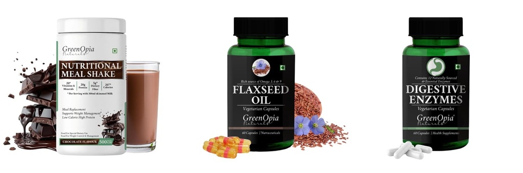 Nutritional-meal-shake-chocolate, Flax-seed-oil-vegetarian-capsules, Digestive-enzymes-60-vegetarian-capsules Combo | Convenient Nutrition & Wellness Routine | Multi-Product