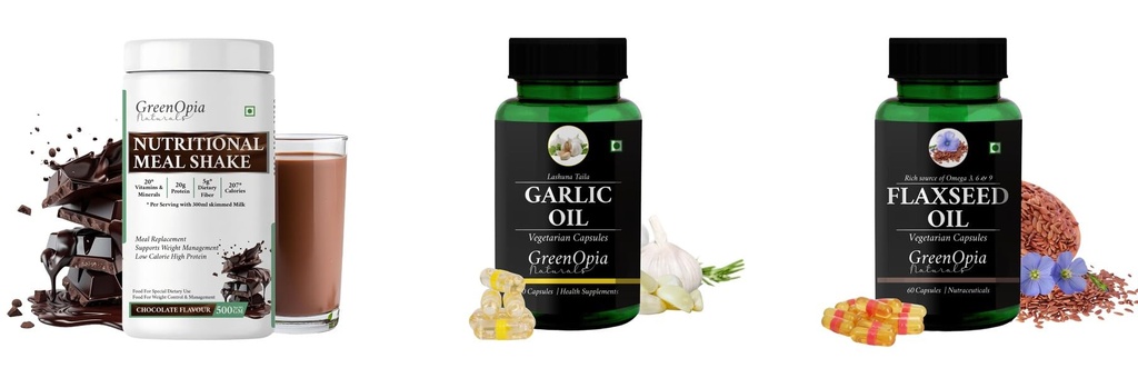 Nutritional-meal-shake-chocolate, Garlic-oil-vegetarian-capsules, Flax-seed-oil-vegetarian-capsules Combo | Convenient Nutrition & Wellness Routine | Multi-Product Pack