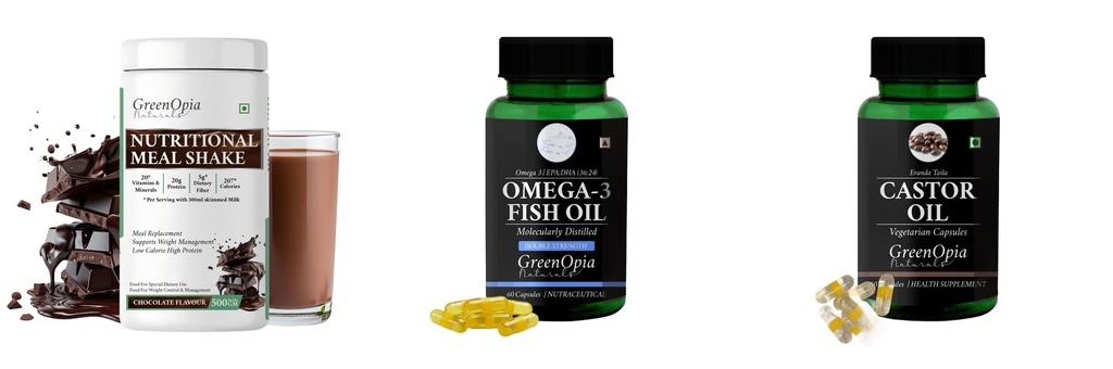 Nutritional-meal-shake-chocolate, Fish-oil-double-strength, Castor-oil-vegetarian-capsules Combo | Convenient Nutrition & Wellness Routine | Multi-Product Pack