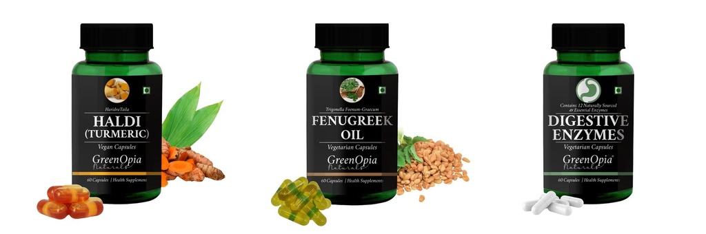 Haldi-oil-vegetarian-capsules, Fenugreek-oil-vegetarian-capsules, Digestive-enzymes-60-vegetarian-capsules Combo | Convenient Nutrition & Wellness Routine | Multi-Product Pa