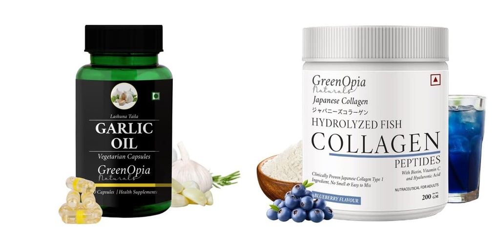 Garlic-oil-vegetarian-capsules, Marine-collagen-peptides-powder-blueberry Combo | Convenient Nutrition & Wellness Routine | Multi-Product Pack