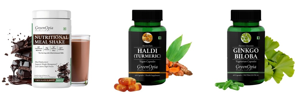 Nutritional-meal-shake-chocolate, Haldi-oil-vegetarian-capsules, Ginkgo-biloba-vegetarian-capsules Combo | Convenient Nutrition & Wellness Routine | Multi-Product Pack