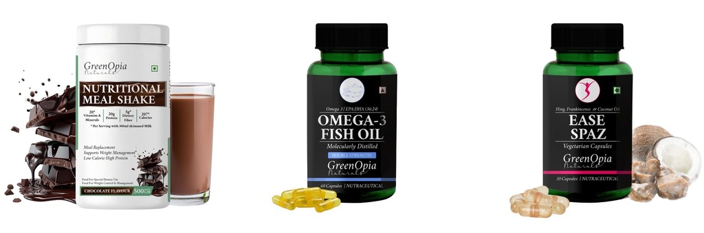 Nutritional-meal-shake-chocolate, Fish-oil-double-strength, Ease-spaz-vegetarian-capsules Combo | Convenient Nutrition & Wellness Routine | Multi-Product Pack