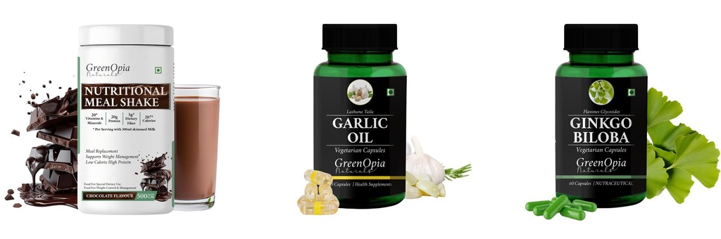 Nutritional-meal-shake-chocolate, Garlic-oil-vegetarian-capsules, Ginkgo-biloba-vegetarian-capsules Combo | Convenient Nutrition & Wellness Routine | Multi-Product Pack