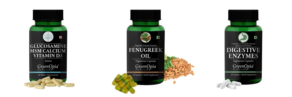 Glucosamine-msm-tablets, Fenugreek-oil-vegetarian-capsules, Digestive-enzymes-60-vegetarian-capsules Combo | Convenient Nutrition & Wellness Routine | Multi-Product Pack