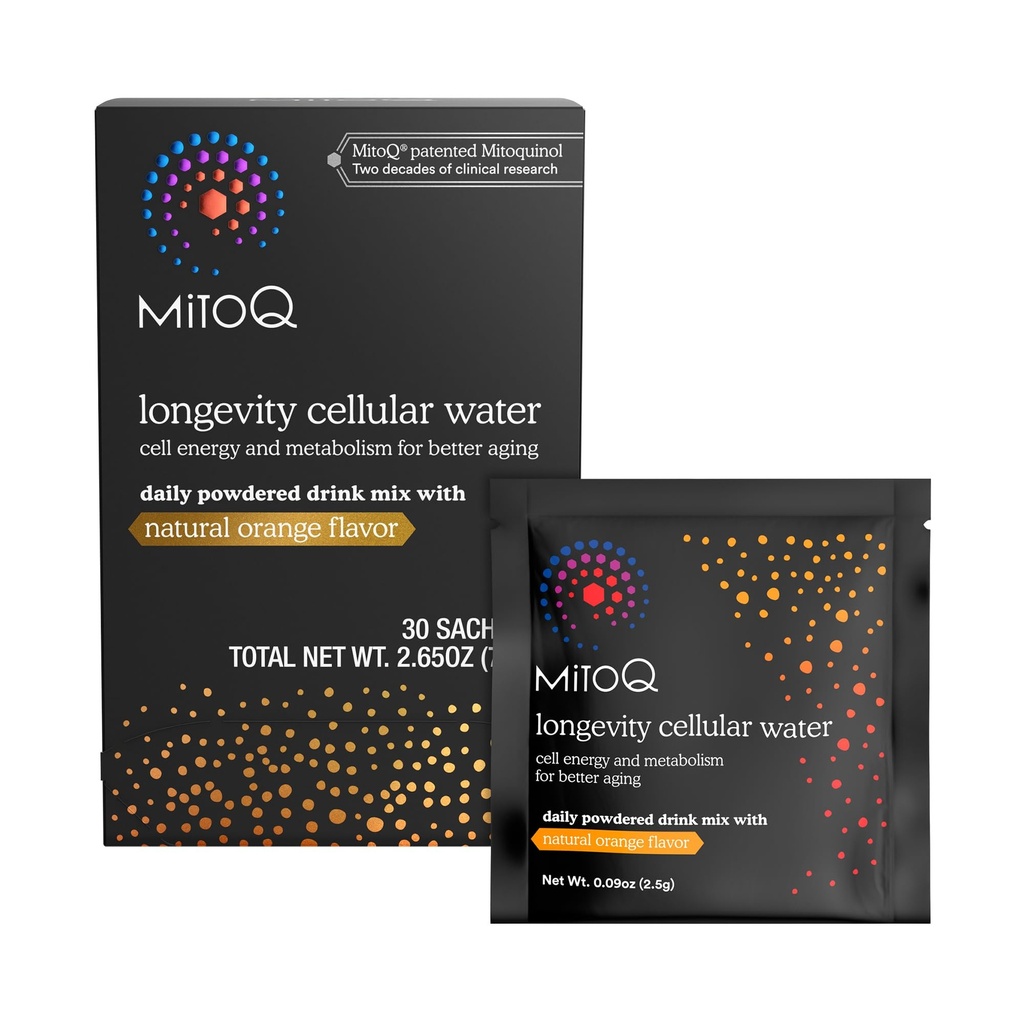 MitoQ Longevity Cellular Water Daily Powdered Drink Mix Natural Orange Flavor - Mitochondria-targeted Antioxidant - Cell Energy and Metabolism for Better Aging (Orange, 30 Packets)