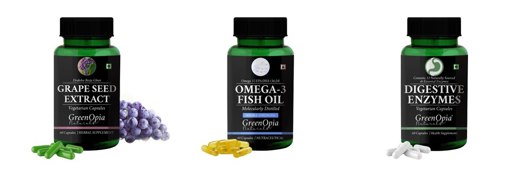 Grape-seed-extract-60-vegetarian-capsules, Fish-oil-double-strength, Digestive-enzymes-60-vegetarian-capsules Combo | Convenient Nutrition & Wellness Routine | Multi-Product