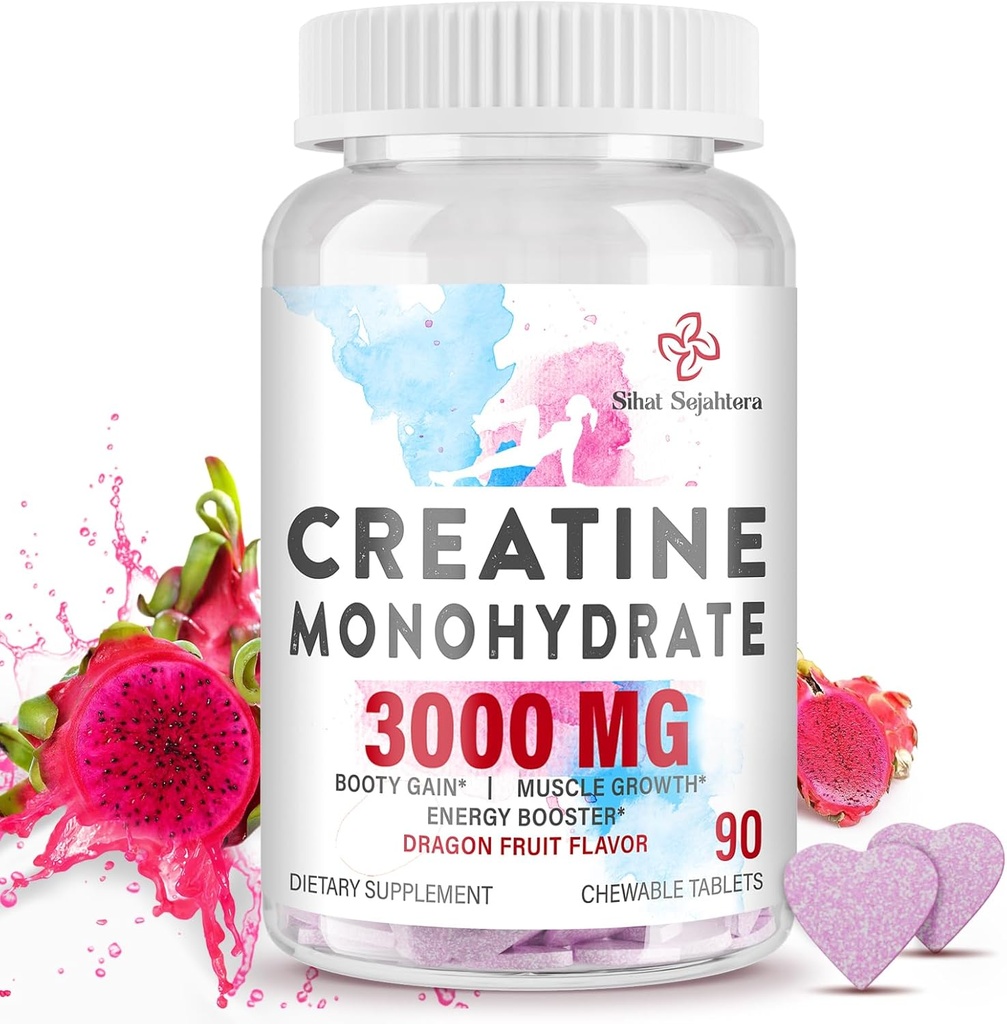 Monohydrate de créatine de 3000 MG pour les femmes et les hommes, pilules de créatine avec BCAA et comprimés de collagène hydrolysés pour la performance et la récupération, la force, l'arôme de fruits de dragon, 90 comprimés