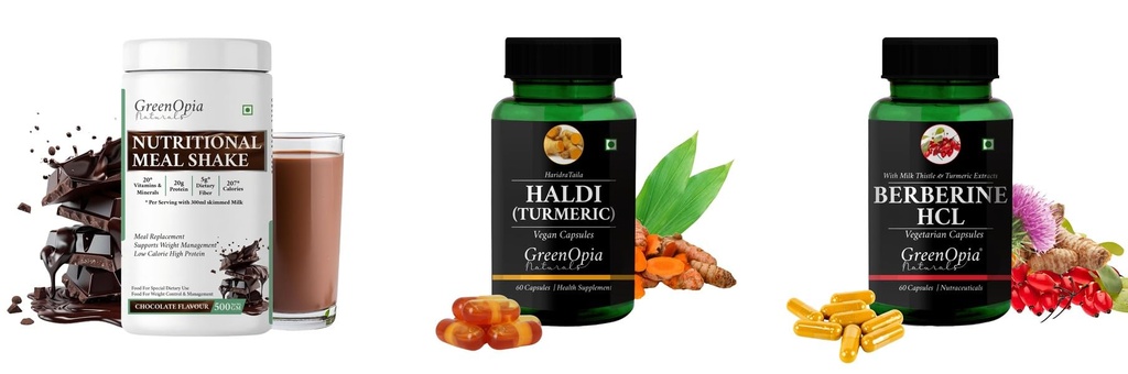 Nutritional-meal-shake-chocolate, Haldi-oil-vegetarian-capsules, Berberine-hcl-vegetarian-capsules Combo | Convenient Nutrition & Wellness Routine | Multi-Product Pack