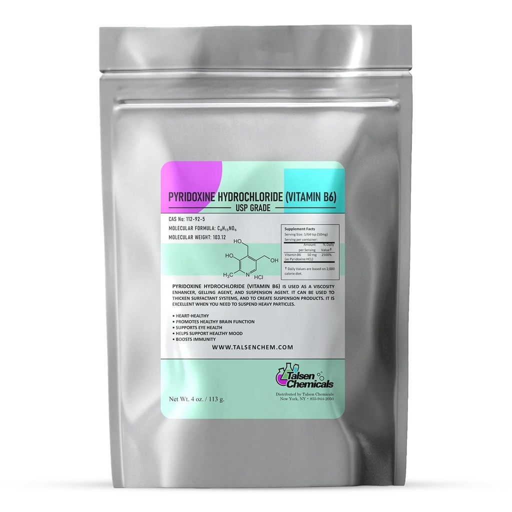 Poudre de vitamine B6 (4 Oz / 113 Gram) Poudre de pyridoxine HCL pour une fonction appropriée des sucres, des graisses et des protéines dans le corps soutient le métabolisme et la fonction du système nerveux