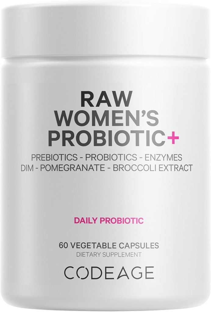 Codeage Supplément Probiotique+ femmes brutes - 34 souches probiotiques, 100 milliards d'UFC, enzymes digestives, mélange prébiotique, DIM, extraits à base de plantes, phytonutriments - non-OGM - 30 capsules