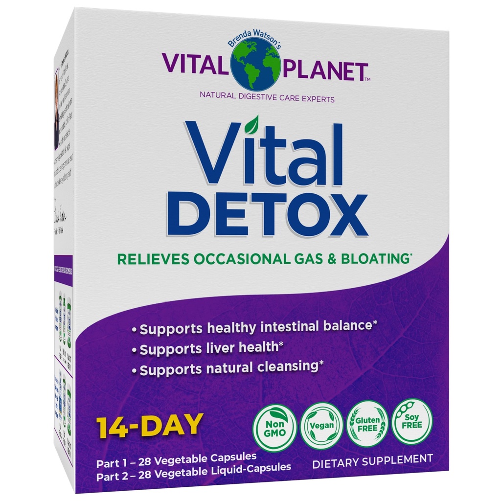 Planète Vital - Détox Vital avec Thistle Lait, Quercetin, Alpha acide lipoïque, Choline, et les herbes, pour le gaz occasionnel et le gonflement, soutient l'équilibre intestinal sain, 2-Part 14 Day Kit, 56 Capsules