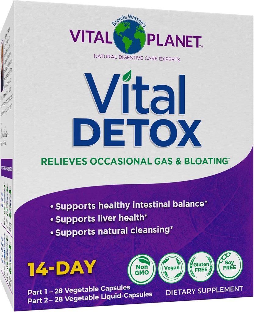Planète Vital - Détox Vital avec Thistle Lait, Quercetin, Alpha acide lipoïque, Choline, et les herbes, pour le gaz occasionnel et le gonflement, soutient l'équilibre intestinal sain, 2-Part 14 Day Kit, 56 Capsules