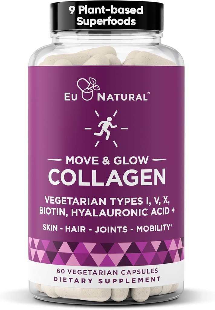 Move & Glow Collagen Pills for Women & Men – Multicollagène végétarien (Type I-V-X) avec 9 Superaliments à base végétale pour la santé de la peau et le soutien articulaire – Biotine, Vitamine C, Vitamine E, 60 Capsules végétariennes