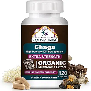 Cancer Sciences Chaga Wellness Mushrooms Supplement, USDA Certified Organic Mushroom Extract, Extra Strength 1,500 mg, High Potency 40% Beta-Glucans, Immune Support, Gut Health, Antioxidant, 120 Caps