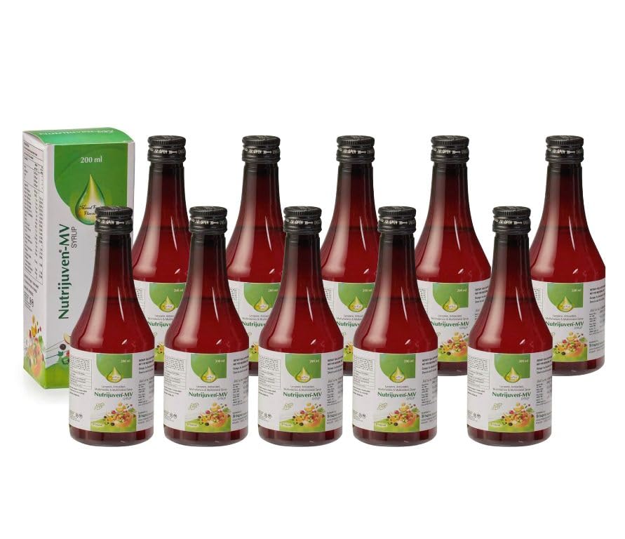 NutriJuven-MV Syrup contains 11 Vitamins, 6 Minerals, Amino Acids, and Antioxidants. It improves metabolic function, enhances skin radiance, helps maintain healthy gut flora, supports bone health, and strengthens immunity (Pack of 10)