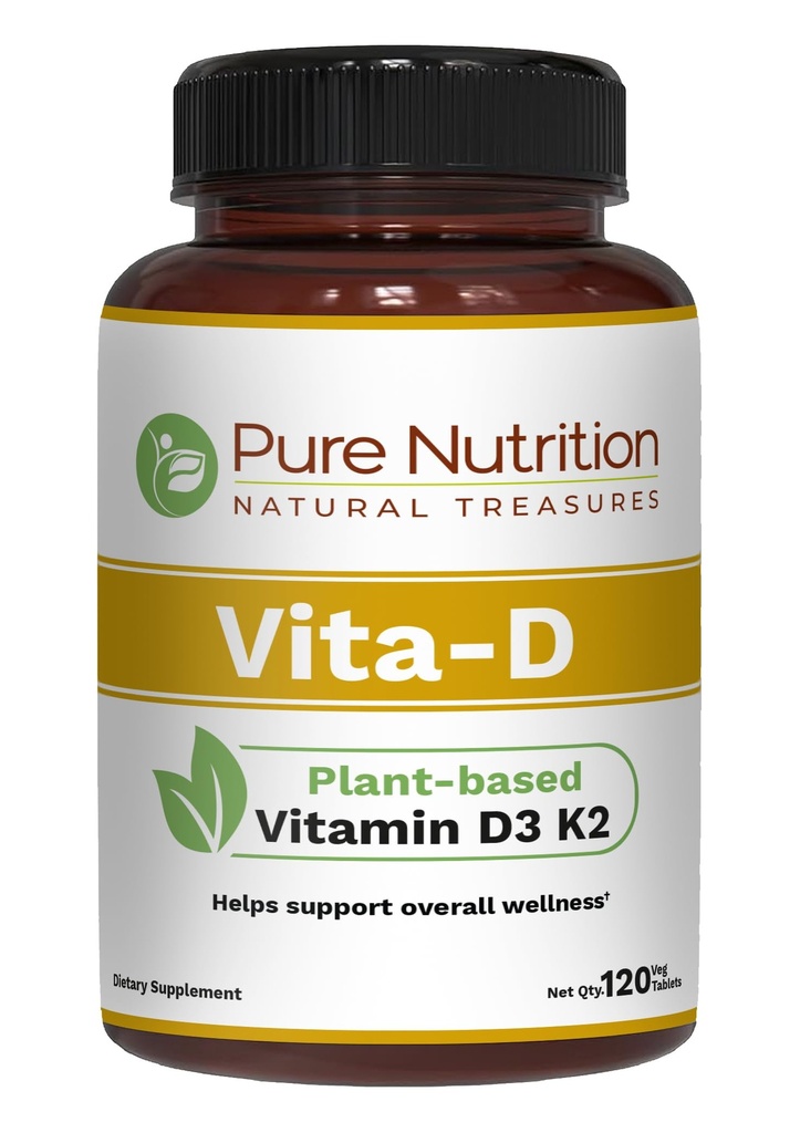 Pure Nutrition Vita D3 K2 - Vitamine végétale D3 K2 Supplément de 120 onglets Vitamine D3 6000 UI La vitamine K2 comme MK7 100mcg